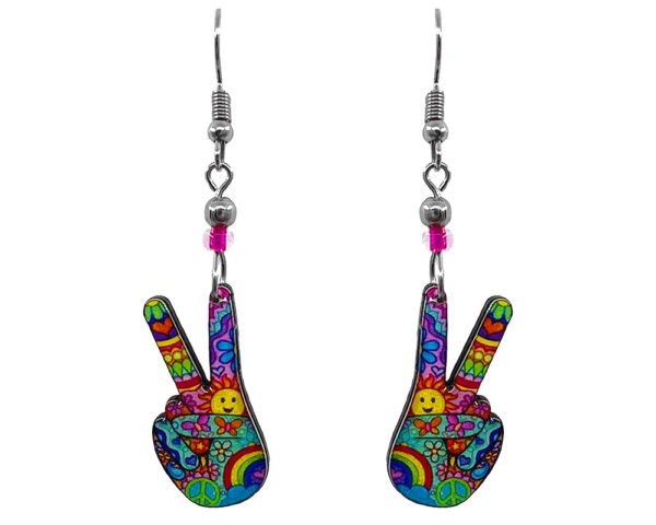 Peace Sign Hands Earrings - Psychedelic/Multi