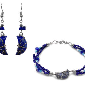Wire Wrapped Moon Stone Beaded Jewelry Set - Blue Lapis Lazuli