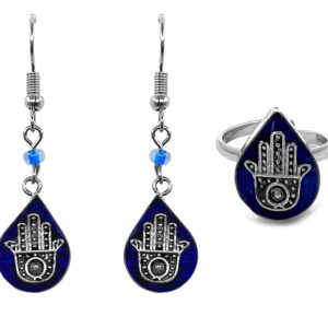 Mini Chip Stone Inlay Hamsa Jewelry Set - Teardrop/Blue