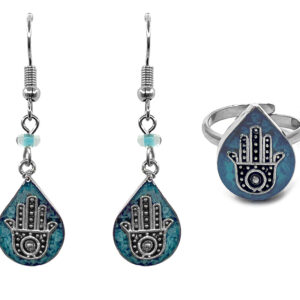 Mini Chip Stone Inlay Hamsa Jewelry Set - Teardrop/Turquoise