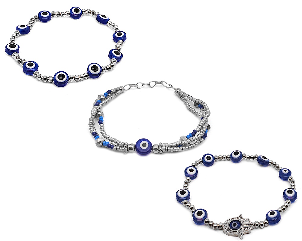 Three piece bracelet set in blue and silver color combination, including: Evil Eye Bead Stretchy Bracelet / Hamsa Hand Charm Evil Eye Bead Stretchy Bracelet / Evil Eye Crystal Beaded Multi Strand Bracelet