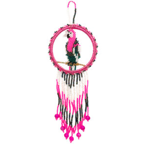 Seed Bead Parrot Dream Catcher Ornament - Pink/White/Charcoal